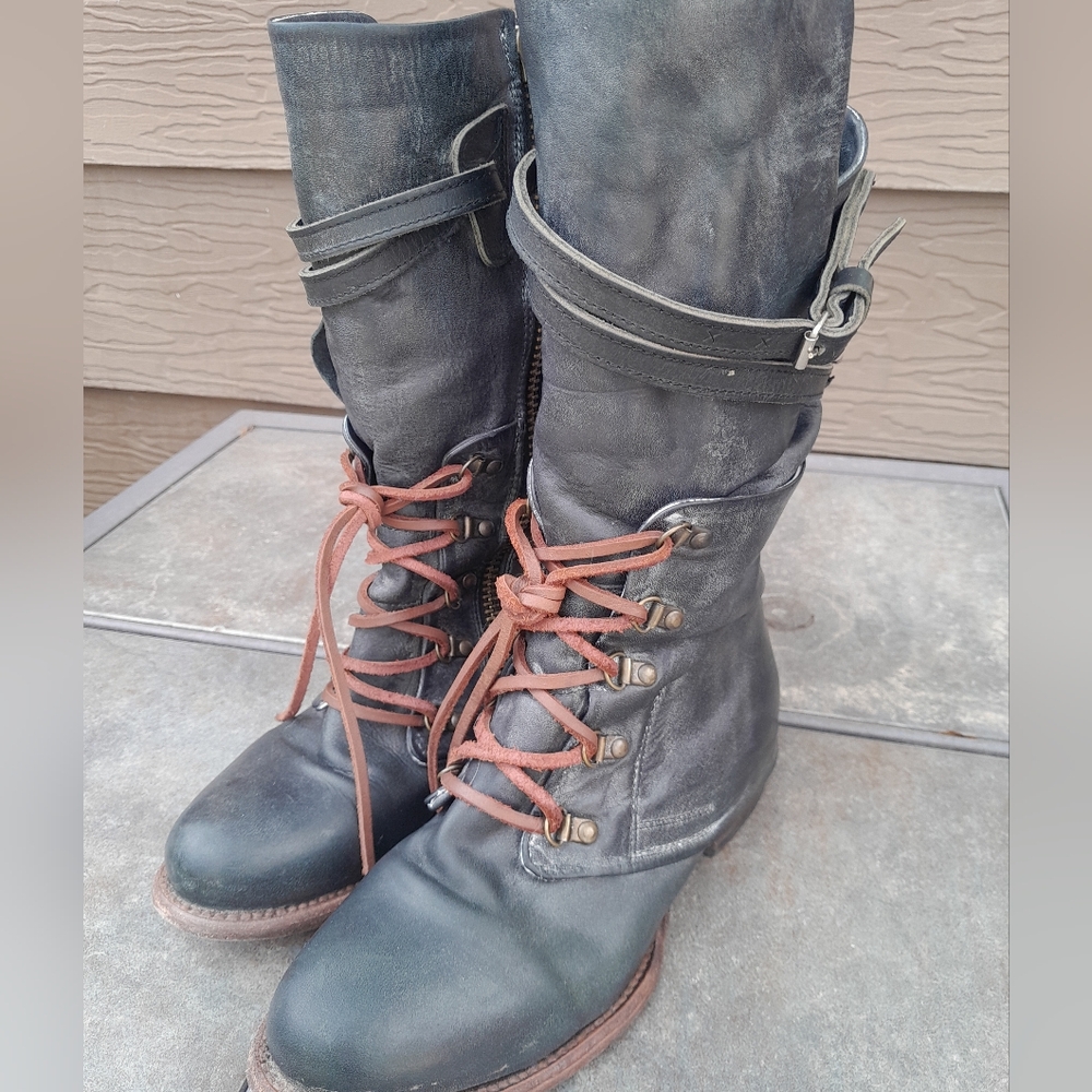 Freebird by Steven Black Leather Mid-Calf Heeled Lace-Up Boots with Brown Laces